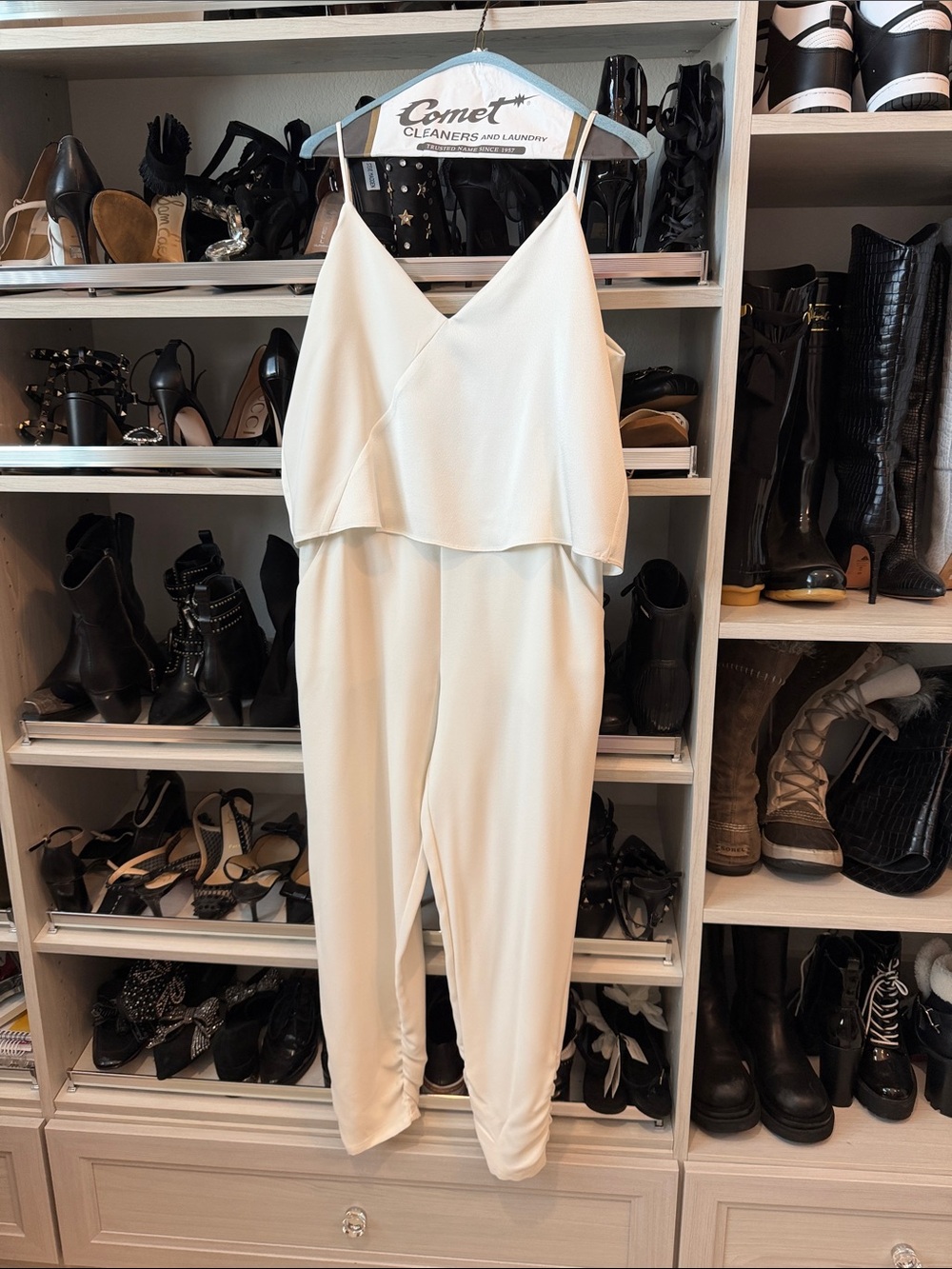 Parker Ivory V-Neck Sleeveless Jumpsuit with Draped Overlay